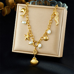 Золотой Океан 304 Женские ожерелья с подвесками в форме ракушки дельфина и морской звезды из нержавеющей стали и пластика, белые, золотые, 16.46 дюйм (41.8 см)