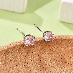 Pink Плоские круглые серьги-гвоздики из латуни с паве из кубического циркония для женщин, без кадмия и без свинца, долговечный, стойки покрытие, платина, розовые, 4 мм