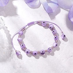 Лиловый Бусины лампворк от сглаза плетеные браслеты из бисера для мужчин и женщин, со стеклянными бисеринами, сирень, внутренний диаметр: 2-1/8~3-3/4 дюйм (5.45~9.55 см)
