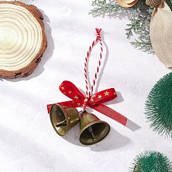 Античная Бронза Железный колокольчик подвесные украшения, с красным полиэстеровым бантом, античная бронза, 140 мм