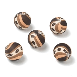 Sienna Coffee Theme Printed Silicone Beads, Striped Round with Coffee Bean, Sienna, 15mm, Hole: 2mm