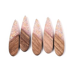Розовый Подвески из непрозрачной смолы и орехового дерева, слезинки, с блестящей пудрой и золотой фольгой, туманная роза, 52~53x13.5x3 мм, отверстие : 1.8 мм
