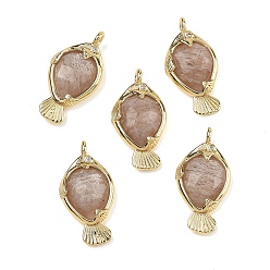 Peach Moonstone Натуральные ограненные подвески из персикового лунного камня, подвески в виде морских рыб из латуни с микропаве из прозрачных кубических цирконий в оправе, золотые, стойки покрытие, долговечный, 20x10x4.5 мм, отверстие : 1.4~1.5 мм