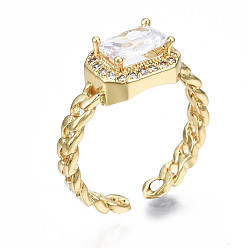 Прозрачный Латунные микро проложить манжеты кольца кубического циркония, открытые солитерные кольца, прямоугольник восьмиугольник, Снаряженная цепь, реальный 16 k позолоченный, без никеля , прозрачные, размер США 6 3/4, внутренний диаметр: 17 мм