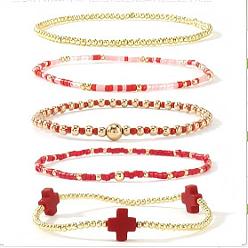  5шт. 5 стили, набор эластичных браслетов ручной работы из латуни и стеклянных бусин, украшения в виде крестиков для женщин, 6.89 дюйм (17.5 см)