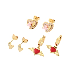 Настоящее золото 18K Ионное покрытие (ip) 3пары 3стили 304серьги-сердечки из нержавеющей стали, со стразами, эмалью и смолой для женщин, реальный 18 k позолоченный, 7.5~22x6.5~16.5 мм, 1 пара / стиль