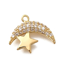 Настоящее золото 18K Латунные микро проложить кубического циркония подвески, без кадмия, без никеля и без свинца, Луна и звезды прелести, реальный 18 k позолоченный, 11x12.5x2.5 мм, отверстие : 0.8 мм