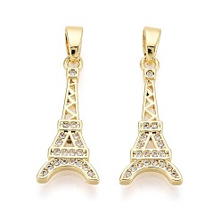 Золотой Латунные микропаве прозрачные подвески с фианитом, эйфелева башня подвески, золотые, 20x9x1.5 мм, отверстие : 5x2 мм