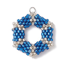 Стально-синий Стеклянные подвески из бисера, с 304 кольцами из нержавеющей стали, шестигранный шарм, стальной синий, 28x25x5 мм, отверстие : 2.5 мм