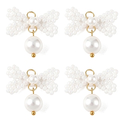 Blanc Pendentifs en perles de rocaille en verre, charme de nœud papillon, avec perle ronde en nacre et anneaux ouverts en acier inoxydable, blanc, 304mm, Trou: 21~22x22~23x2~8mm
