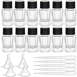 Clear Cuboid Glass Fountain Pen Ink Bottle, with ABS Plastic Bottle Cap, Plastic Funnel Hopper & Dropper, Clear, Bottle: 2.9x2.9x6.6cm, Capacity: 20ml, 10pcs/set