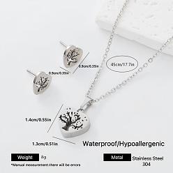 Tree Heart 304 Stainless Steel Pendant Necklace & Stud Earrings Set for Women Men, Stainless Steel Color, Tree, 450mm, Pendant: 14x13mm
