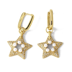 Golden Brass Micro Pave Clear Cubic Zirconia Hoop Earrings, Star, Golden, 37x20mm