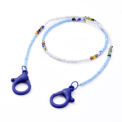 Blue Personalized Beaded Necklaces, with Evil Eye Lampwork Round Beads, Glass Seed Beads and Plastic Lobster Claw Clasps, Blue, 24.21 inch(61.5cm)