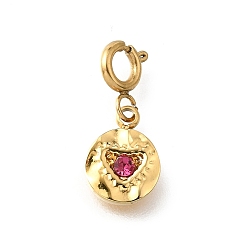 Настоящее золото 18K Плоская круглая подвеска с сердцем 304 из нержавеющей стали со стразами, с застежками пружинного кольца, ионное покрытие (ip), реальный 18 k позолоченный, 16 мм