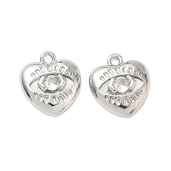 Platinum Valentine's Day Brass Micro Pave Clear Cubic Zirconia Charms, Heart with Eye Charms, Platinum, 12.5x11.5x3mm, Hole: 1.4mm