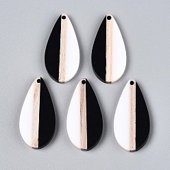 Черный Кулоны из непрозрачной смолы и дерева, слеза, два тона, чёрные, 38x18x3.2~3.5 мм, отверстие : 2 мм