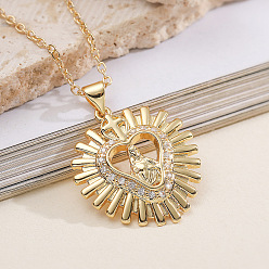 Настоящее золото 18K Женское ожерелье из латуни с микропаве в виде сердца из прозрачного кубического циркония и подвеской в виде Девы Марии., реальный 18 k позолоченный, 17.72 дюйм (45 см)