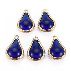 Blue Transparent Glass Pendants, with Brass Findings, Teardrop, Light Gold, Blue, 19x12x8mm, Hole: 1mm
