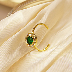Зеленый Регулируемые открытые манжеты из нержавеющей стали с микропаве из кубического циркония для женщин, круглые, реальный 18 k позолоченный, зелёные, круглый : 10.46 мм