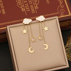 Золотой 304 серьги-гвоздики из нержавеющей стали с микропаве из прозрачных кубических цирконий, облако с луной, звездой и слезой, золотые, 60x15 мм