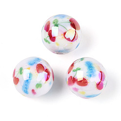 Вишня Печатные непрозрачные акриловые бусины, круглый с фруктовым узором, AB цвет, вишня, 15.9 мм, отверстие : 2.8 мм