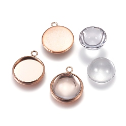 Rose Gold DIY Pendant Making, 304 Stainless Steel Pendant Cabochon Settings and Flat Round Glass Cabochons, Clear, Rose Gold, Cabochon Settings: 16.5x14x2mm, Hole: 1.6mm, Tray: 12mm, Cabochons: 12x6mm