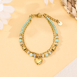 Амазонит 304 Двухслойный браслет из цепочки из нержавеющей стали и бусин из натурального амазонита, браслеты с подвесками в форме сердца для женщин, золотые, 6.69 дюйм (17 см)
