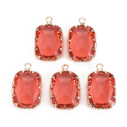 Tomate Transparente Glas-Anhänger, mit Messingstiften, facettiert, Rechteck, Licht Gold, Tomate, 24x14x6 mm, Bohrung: 1.6 mm