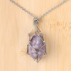 Лепидолит Кулон в виде клетки для пасхальных яиц из натурального лепидолита 304 Цепочка из нержавеющей стали, цвет нержавеющей стали, 27.56 дюйм (70 см)