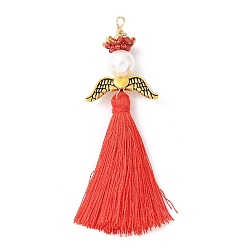 Малиновый Стеклянные жемчужины круглые бусины с поликоттоновой кисточкой большие подвески, с японским бисером, ангельские прелести, малиновый, 54~59x20x8 мм, отверстие : 2 мм