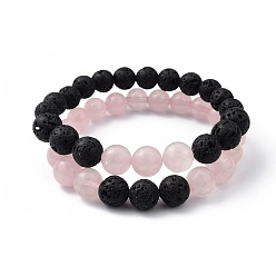 Rose Quartz Natural Rose Quartz & Lava Rock Beaded Stretch Bracelets Sets, Round, Inner Diameter: 2 inch(5.2cm), Beads: 8.5mm and 10.5mm, 2pcs/set