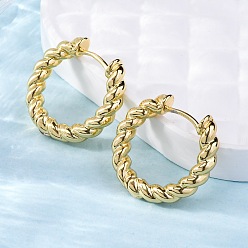 Настоящее золото 18K Латунные английском замке Серьги-кольца, долговечный, форма витого кольца, реальный 18 k позолоченный, 21.5x4 мм, штифты : 1 мм