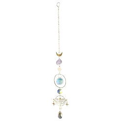 Teardrop Metal Moth Moon Hanging Ornaments, Glass Tassel Suncatchers for Home Garden Outdoor Decoration, Teardrop, 310~340mm