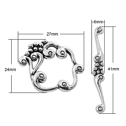 Antique Silver Alloy Toggle Clasps, Cadmium Free & Lead Free & Nickel Free, Antique Silver, Flower: 24x27x2mm, Bar: 41x6x2mm, Hole: 1.5mm