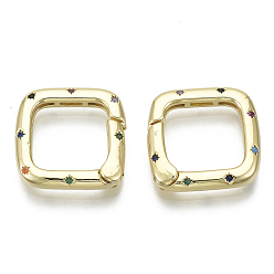 Real 16K Gold Plated Brass Micro Pave Cubic Zirconia Spring Gate Rings, Square, Nickel Free, Colorful, Real 16K Gold Plated, 18x18x3mm, Inner Diameter: 13x13mm