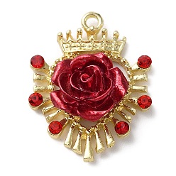 Сердце Подвески со стразами из легкого золотого сплава, со смолой розой, долговечный, цветочный шарм, сердце, 30x23.5x9 мм, отверстие : 2 мм