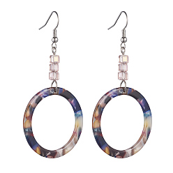 Pink Cellulose Acetate(Resin) Dangle Earrings, with Cube Glass Beads and Platinum Plated Brass Earring Hooks, Ring, Pink, 69~70mm, Pin: 0.6mm