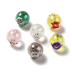 Mixed Color AB Color Transparent Crackle Acrylic Round Beads, Hand Drawn Beads, Halloween Ghost Beads, with Enamel, Mixed Color, 19.5x20.5mm, Hole: 3mm