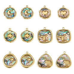 Mixed Shapes 12Pcs 6 Styles 304 Stainless Steel Pave Natural Paua Shell Pendants, Flat Round Charms, Real 18K Gold Plated, Mixed Shapes, 15.5~19x12.5~16x2.5~3mm, Hole: 1.5mm, 2pcs/style