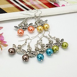 Mixed Color Trendy Glass Pearl Fairy Dangle Earrings, with Tibetan Style Beads and Brass Earring Hooks, Mixed Color, 49mm