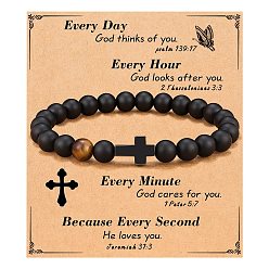 Смешанные камни Крест натуральный тигровый глаз и матовый черный обсидиан круглые бусины эластичные браслеты для мужчин и женщин, 7-1/8 дюйм (18 см)