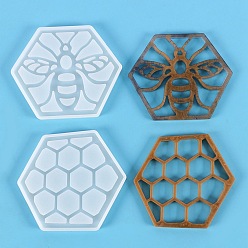White DIY Bee and Honeycomb Shape Coaster Silicone Molds, Resin Casting Molds, for Epoxy Resin Jewelry Making, Hexagon, White, 105x125x8mm & 105x122x8mm, 2pcs/set