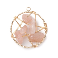 Лунный Камень Натуральные самородки лунного камня, обернутые медной проволокой, плоские круглые подвески, пентаграмма прелести, золотые, 29x25x6~10 мм, отверстие : 1.8 мм