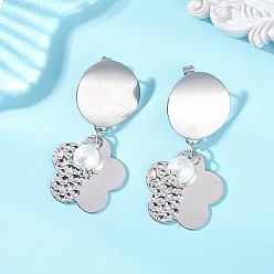 Цветок Серьги-гвоздики из пластика с имитацией жемчуга, с 304 серьгами из нержавеющей стали, цвет нержавеющей стали, цветок, 47.5x24 мм