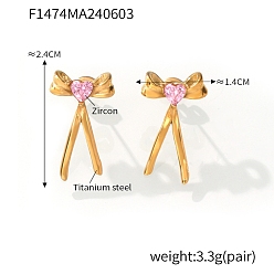 Золотой Серьги-гвоздики из нержавеющей стали с бантом, с кубического циркония, для женщин, золотые, 24x14 мм