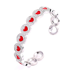 Platinum Brass Micro Pave Clear Cubic Zirconia and Enamel Cuff Bangles, Flat Round with Red Heart, Platinum, Inner Diameter: 2.09 inch(5.3cm)