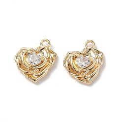 Clear Valentine's Day Brass Micro Pave Cubic Zirconia Charms, Heart Shaped Rose Charms, Real 18K Gold Plated, Clear, 13.5x12.5x4mm, Hole: 1.3mm