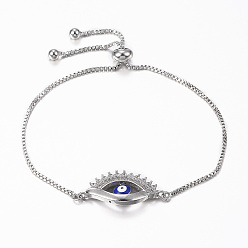 Платина Регулируемые латунные браслеты-слайдеры из циркония, Боло браслеты, с эмалью, злые глаза, платина, 10-5/8 дюйм (270 мм), 1.2 мм