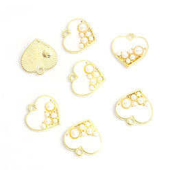 Белый Подвески из эмали и сплава, с пластиковой имитацией жемчуга, шарма сердца, золотые, белые, 17.5x17.6 мм